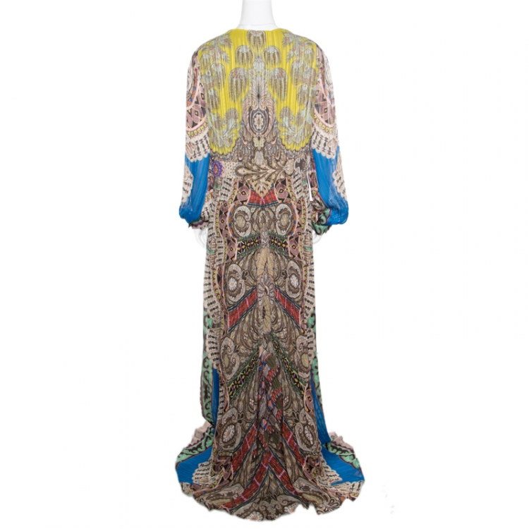 Pre Owned Etro Multicolor Paisley Printed Silk Plunge Neck Maxi Dress L