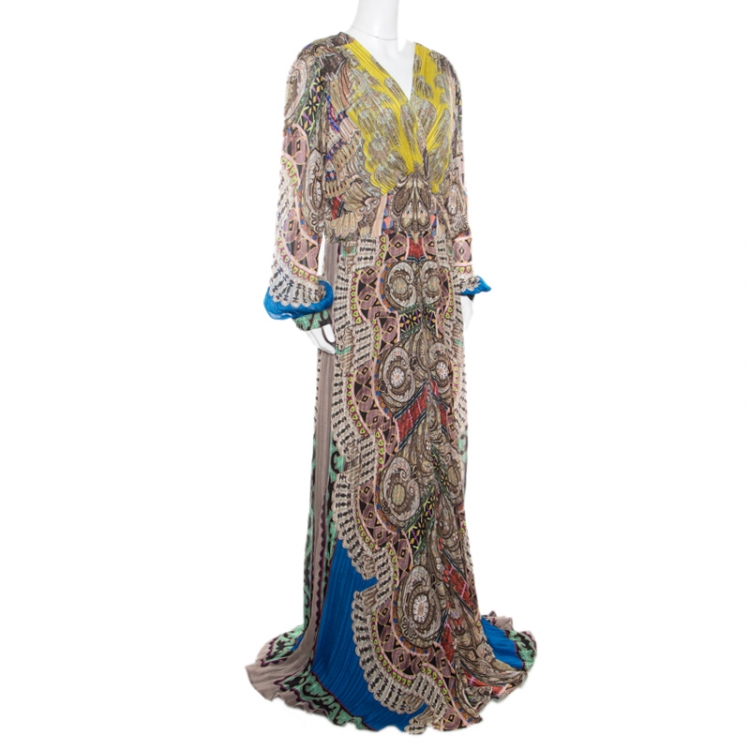 Pre Owned Etro Multicolor Paisley Printed Silk Plunge Neck Maxi Dress L