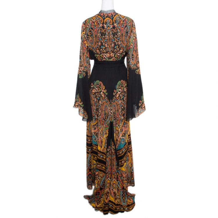 Pre Owned Etro Black Damask Printed Silk Lace Insert Detail V Neck Gown L