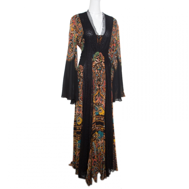Pre Owned Etro Black Damask Printed Silk Lace Insert Detail V Neck Gown L