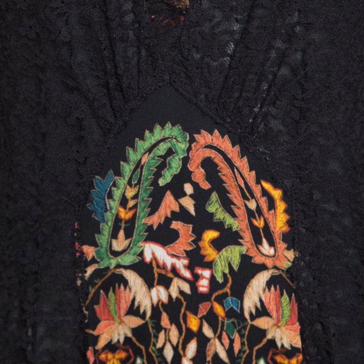 Pre Owned Etro Black Damask Printed Silk Lace Insert Detail V Neck Gown L