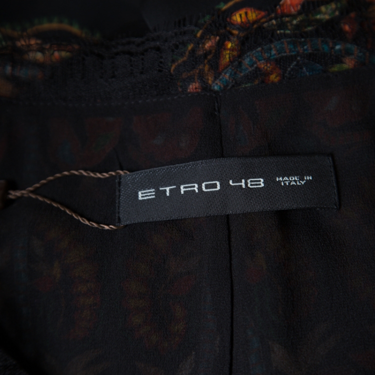 Pre Owned Etro Black Damask Printed Silk Lace Insert Detail V Neck Gown L