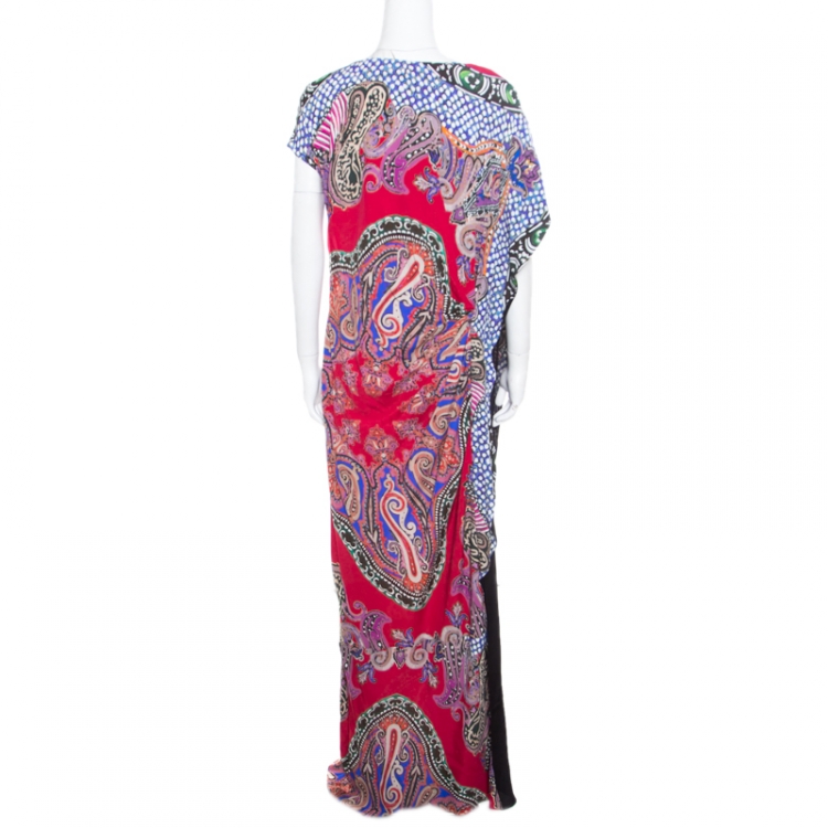 Pre Owned Etro Multicolor Paisley Printed Asymmetric Draped Maxi Dress L