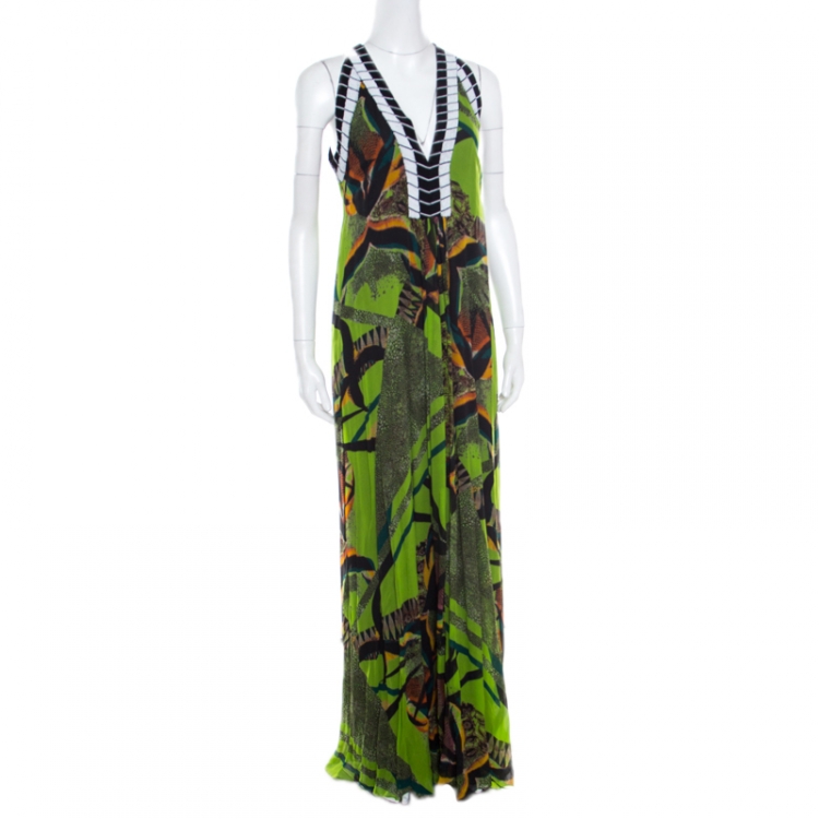 Pre Owned Etro Multicolor Printed Silk Beaded Plunge Neck Draped Back Dress M