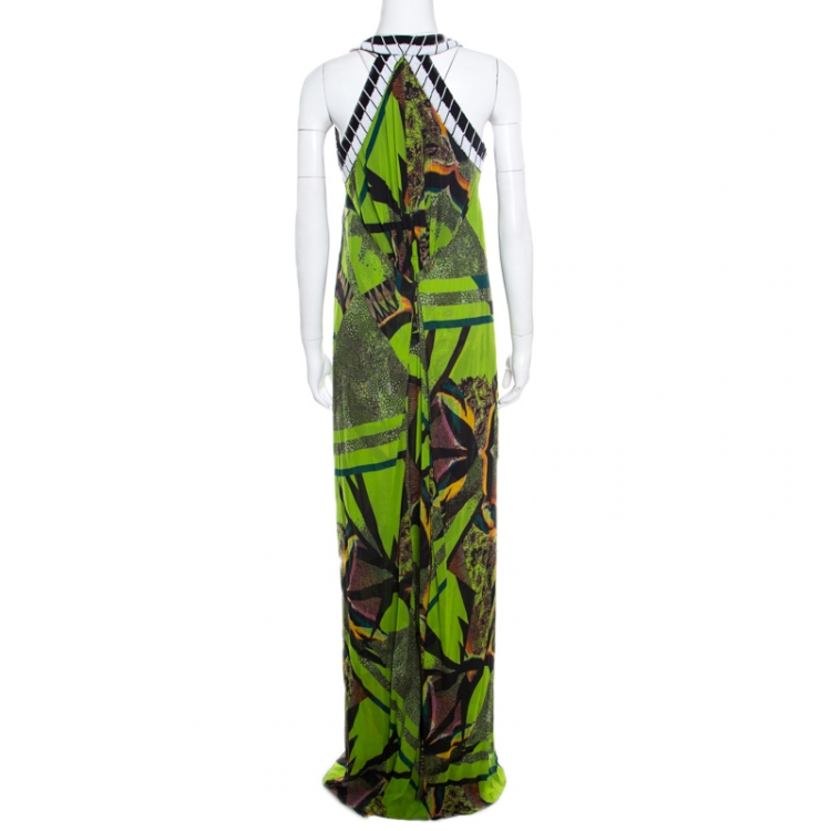 Pre Owned Etro Multicolor Printed Silk Beaded Plunge Neck Draped Back Dress M
