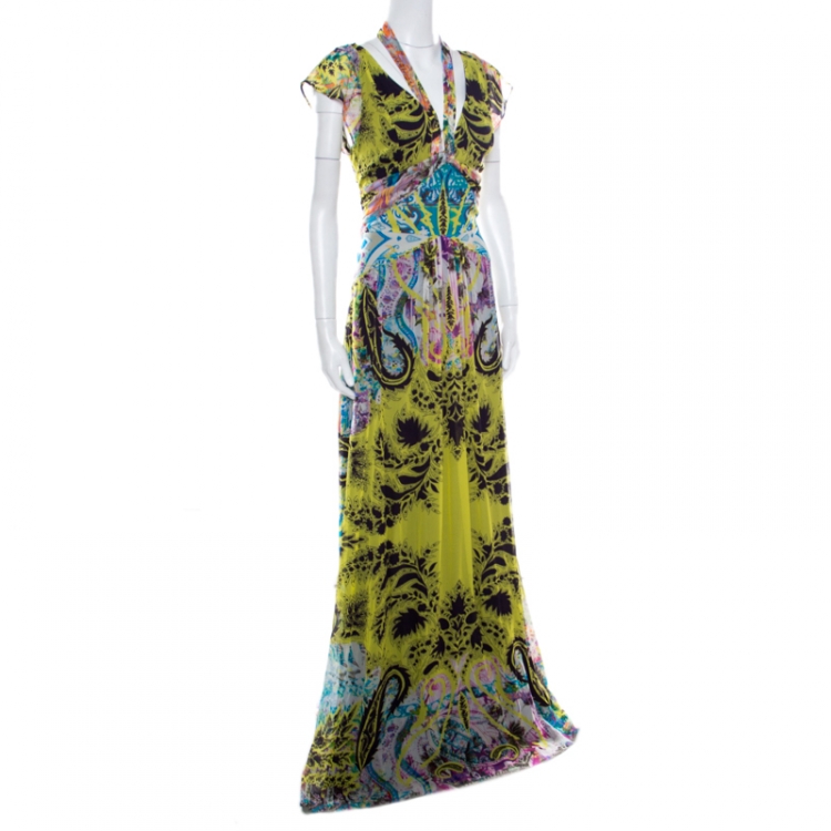 Pre Owned Etro Multicolor Printed Silk Neck Tie Detail Plunge Neck Maxi Dress L