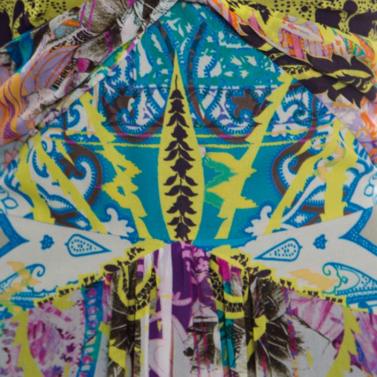Pre Owned Etro Multicolor Printed Silk Neck Tie Detail Plunge Neck Maxi Dress L
