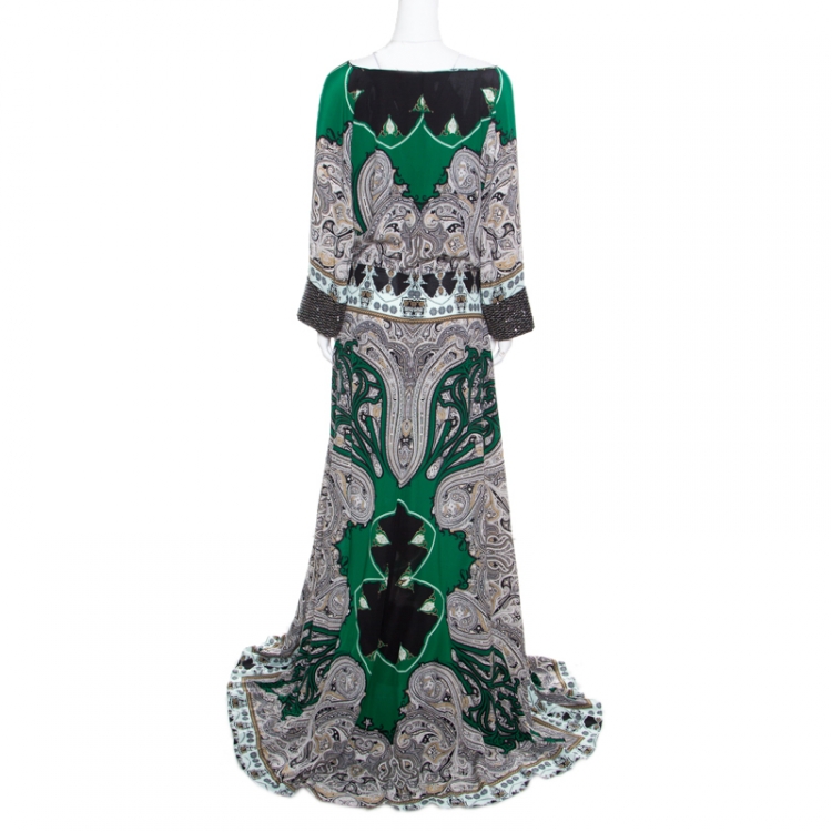 Pre Owned Etro Multicolor Paisley Printed Silk Embellished Cuff Detail Maxi Dress L 