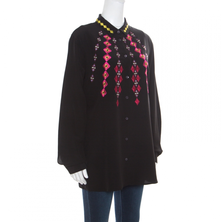 Pre Owned Etro Black Silk Crepe de Chine Embroidered Long Sleeve Shirt L
