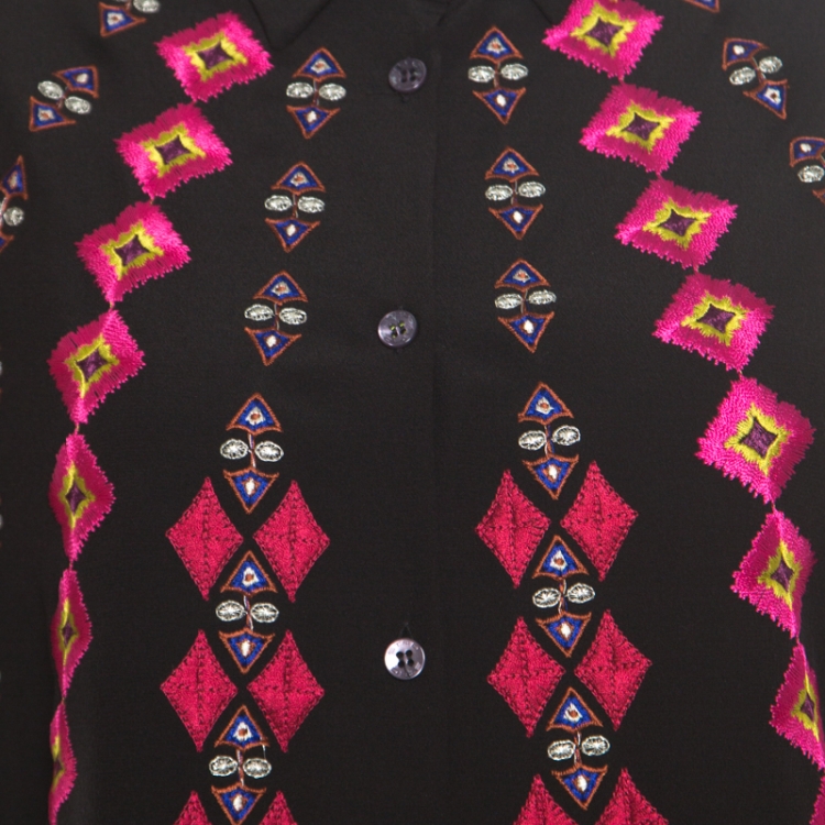 Pre Owned Etro Black Silk Crepe de Chine Embroidered Long Sleeve Shirt L