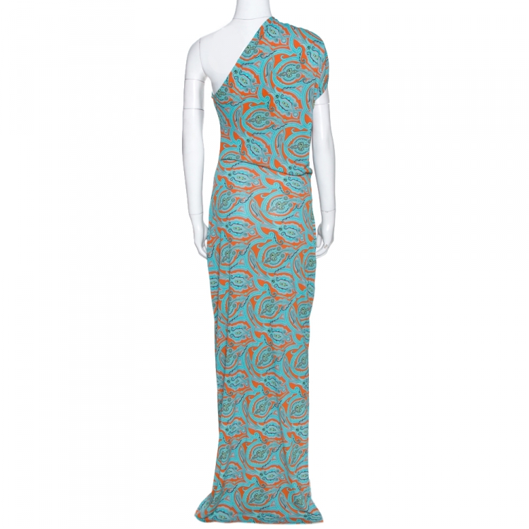 Pre Owned Etro Orange & Teal Paisley Printed Jersey One Shoulder Dress L 