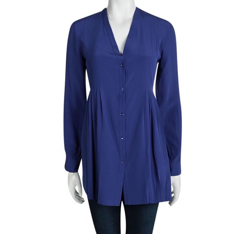 Pre Owned Etro Blue Silk Pleat Detail Long Sleeve Blouse S