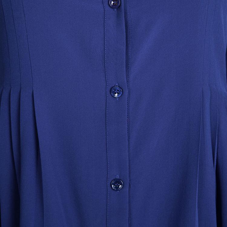 Pre Owned Etro Blue Silk Pleat Detail Long Sleeve Blouse S