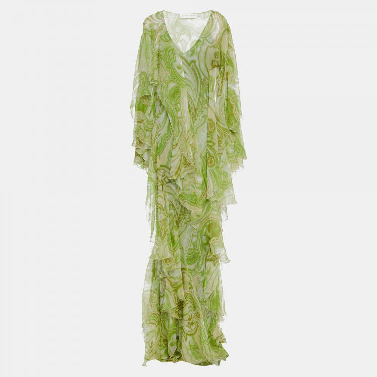 Pre Owned Etro Green Printed Silk Ruffled Maxi Dress M (IT 44)