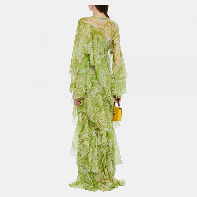 Pre Owned Etro Green Printed Silk Ruffled Maxi Dress M (IT 44)