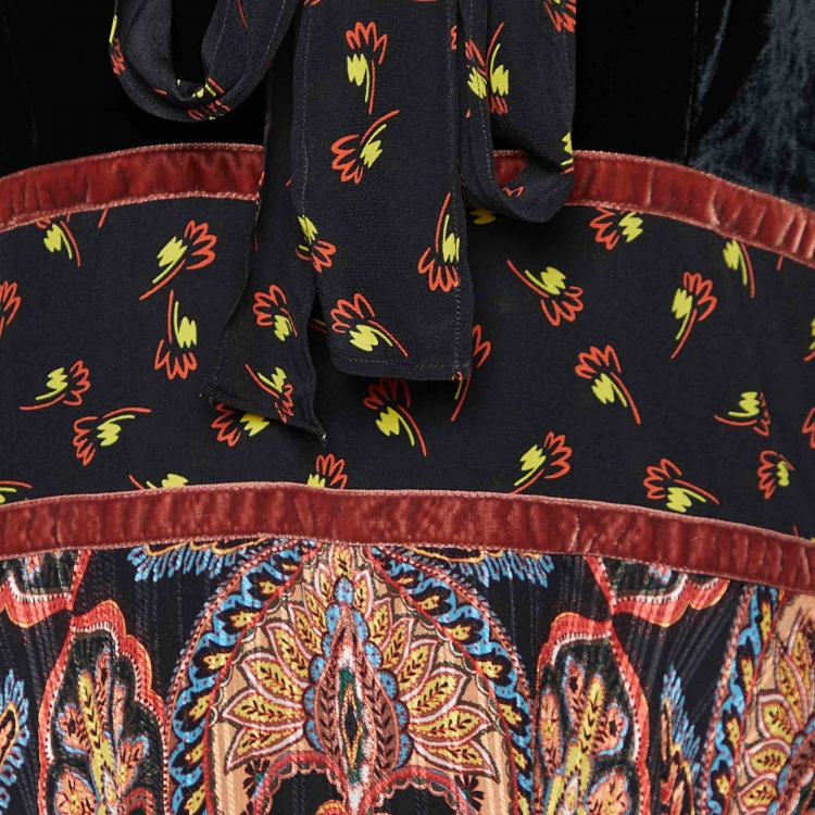 Pre Owned Etro Multicolor Print Silk and Velvet Asymmetrical Midi Dress L