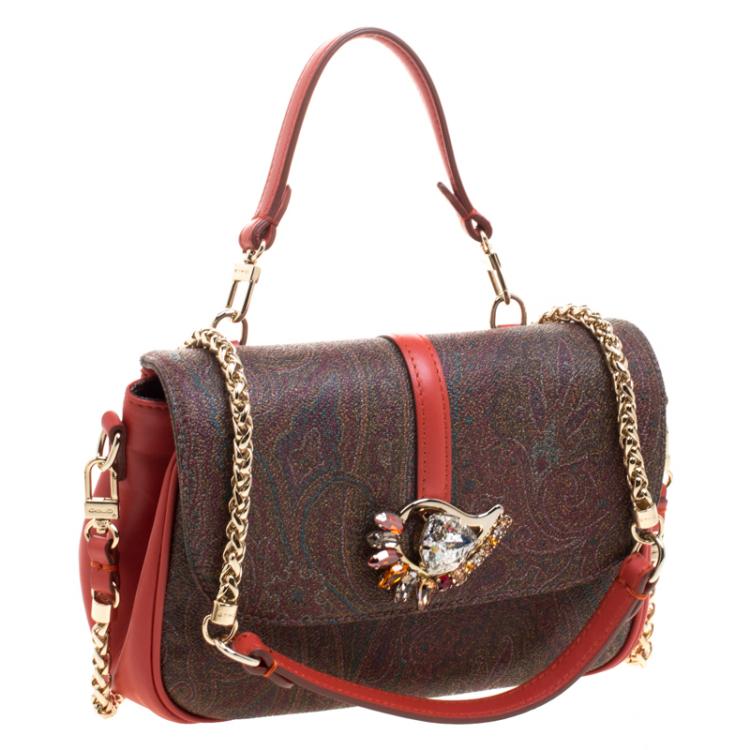 Pre Owned Etro Red Orange Paisley Printed Leather Shoulder Bag