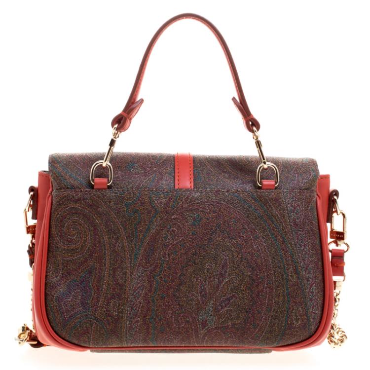 Pre Owned Etro Red Orange Paisley Printed Leather Shoulder Bag