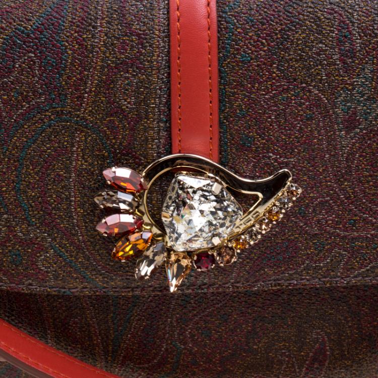 Pre Owned Etro Red Orange Paisley Printed Leather Shoulder Bag