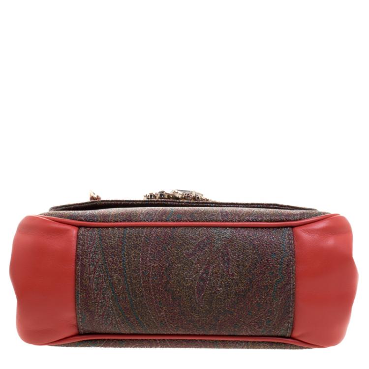 Pre Owned Etro Red Orange Paisley Printed Leather Shoulder Bag