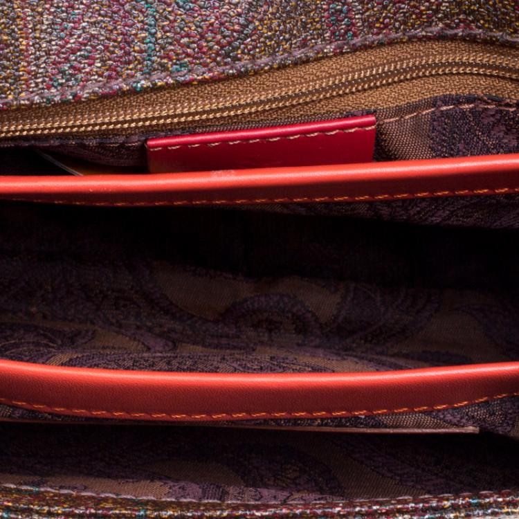 Pre Owned Etro Red Orange Paisley Printed Leather Shoulder Bag