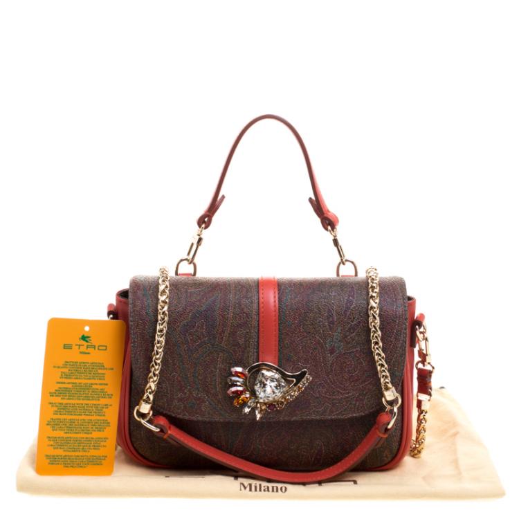 Pre Owned Etro Red Orange Paisley Printed Leather Shoulder Bag
