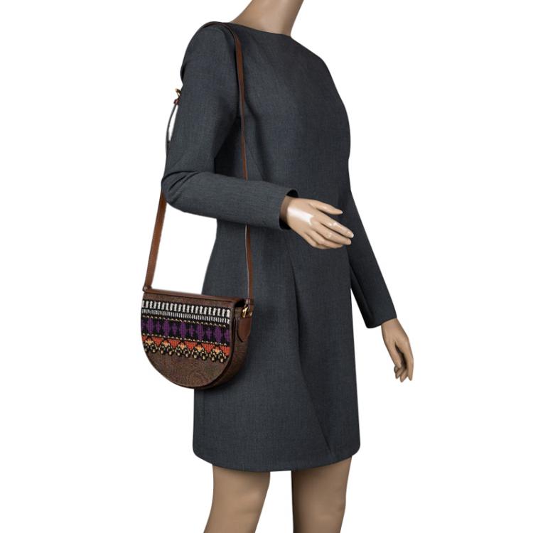 Pre Owned Etro Brown Paisley Coated Canvas Crochet Detail Shoulder Bag