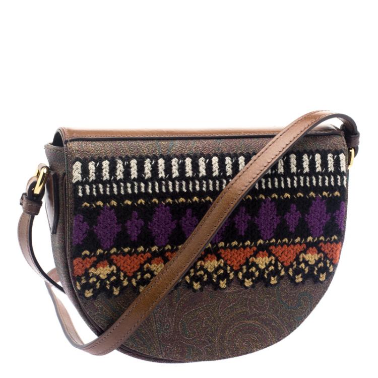 Pre Owned Etro Brown Paisley Coated Canvas Crochet Detail Shoulder Bag