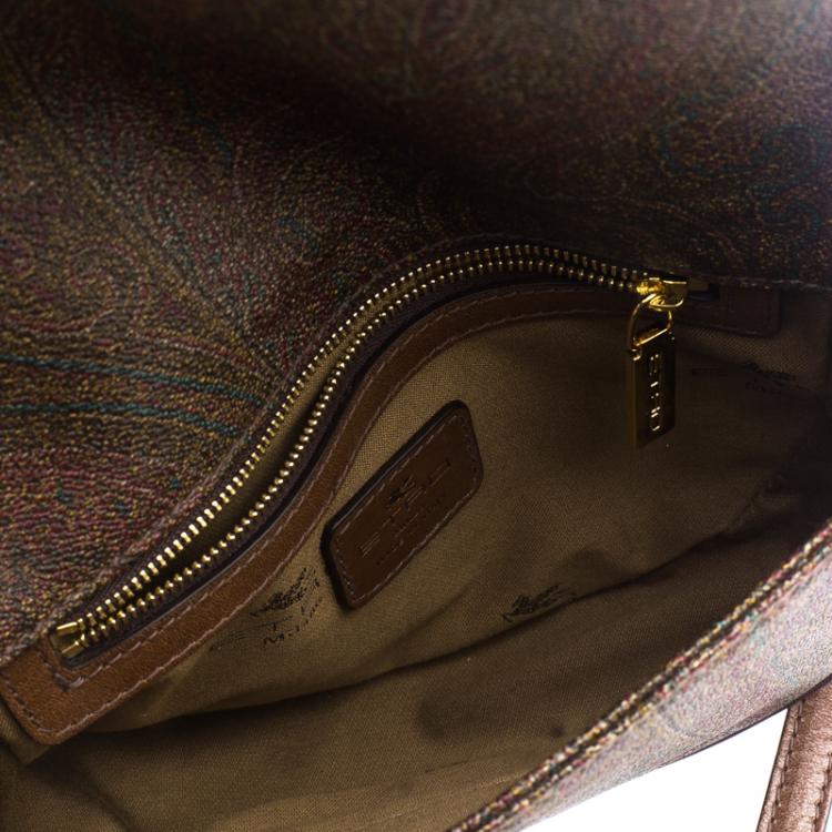 Pre Owned Etro Brown Paisley Coated Canvas Crochet Detail Shoulder Bag