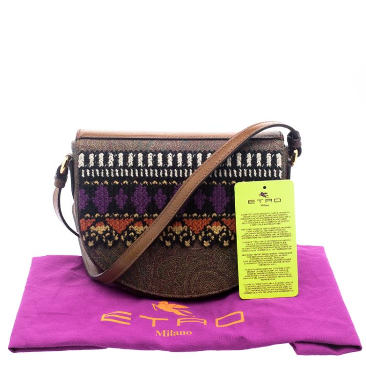 Pre Owned Etro Brown Paisley Coated Canvas Crochet Detail Shoulder Bag