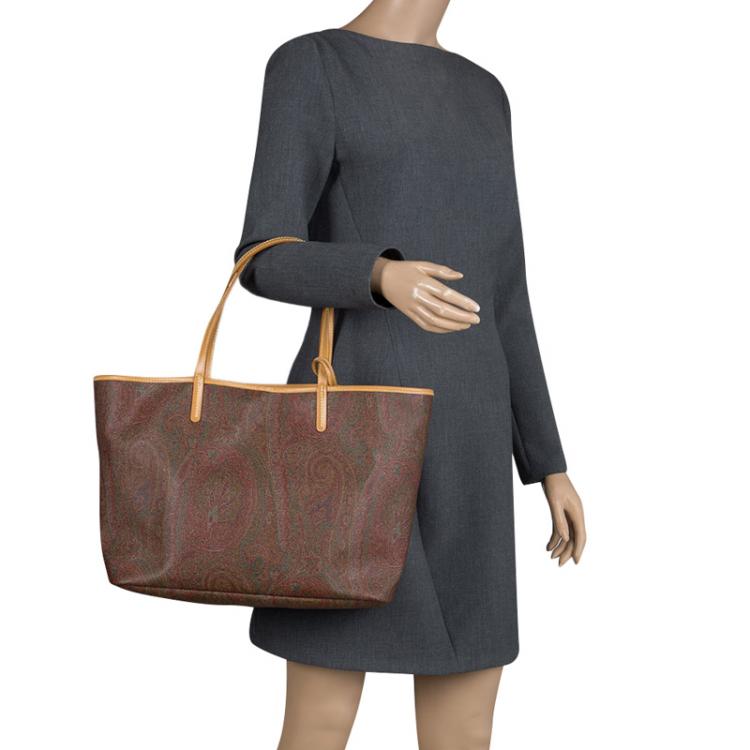 Pre Owned Etro Brown Paisley Printed Leather Shopper Tote