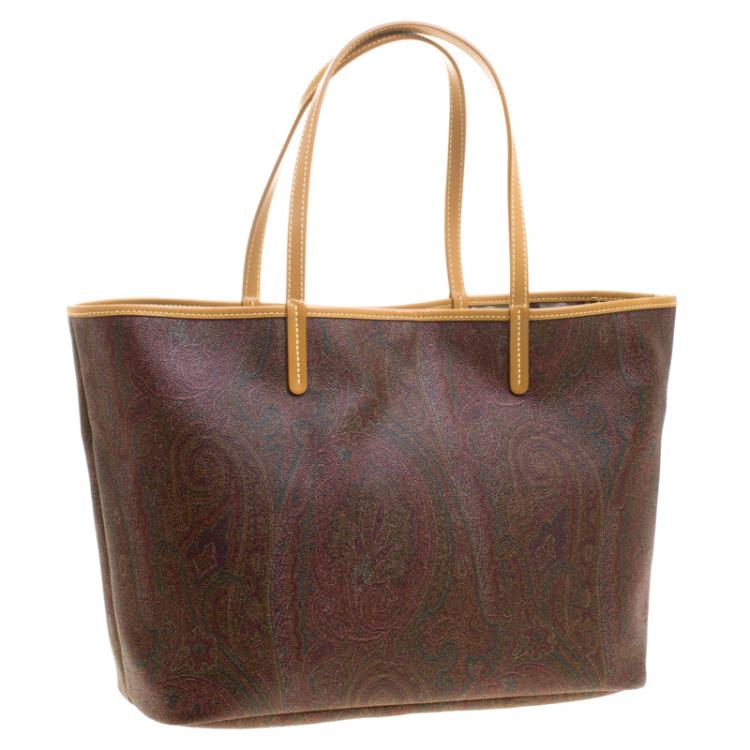 Pre Owned Etro Brown Paisley Printed Leather Shopper Tote