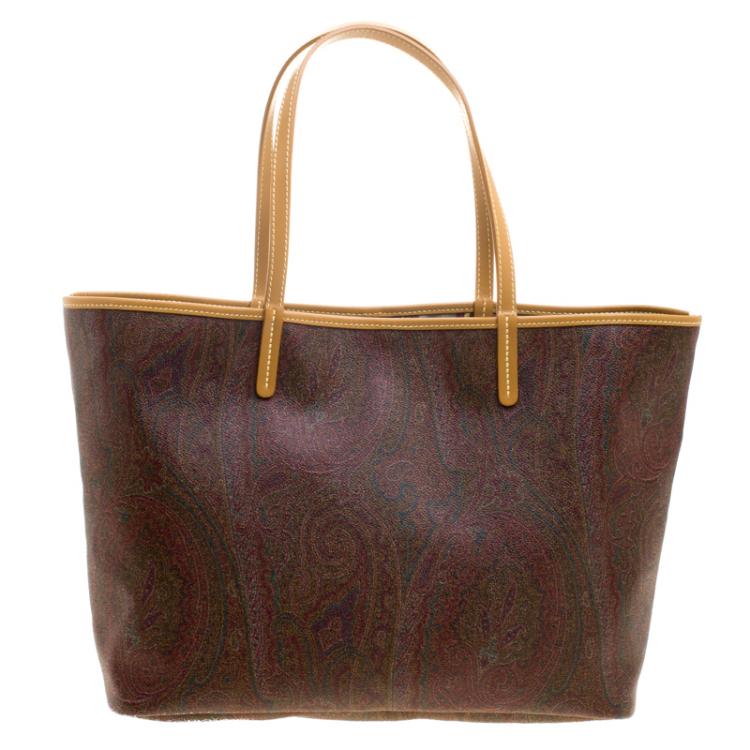 Pre Owned Etro Brown Paisley Printed Leather Shopper Tote