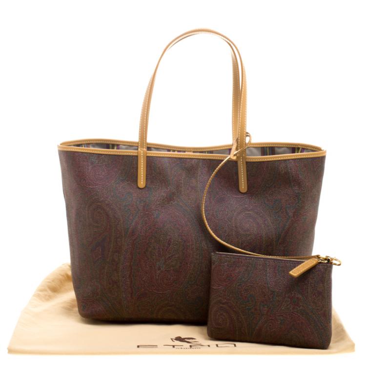 Pre Owned Etro Brown Paisley Printed Leather Shopper Tote