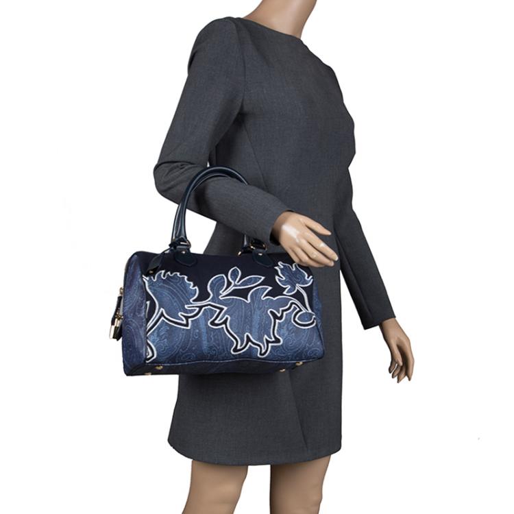 Pre Owned Etro Navy Blue Paisley Embroidered Coated Canvas Satchel