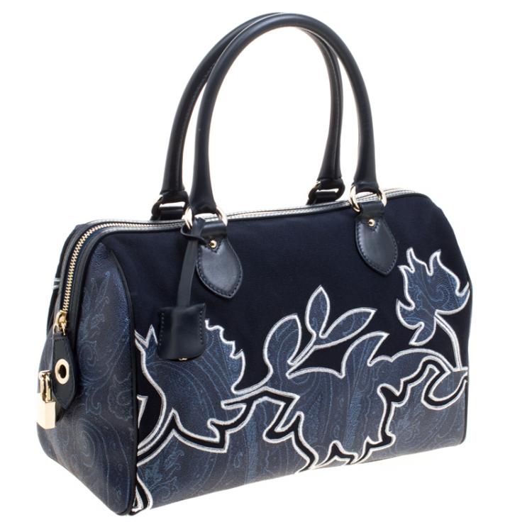 Pre Owned Etro Navy Blue Paisley Embroidered Coated Canvas Satchel