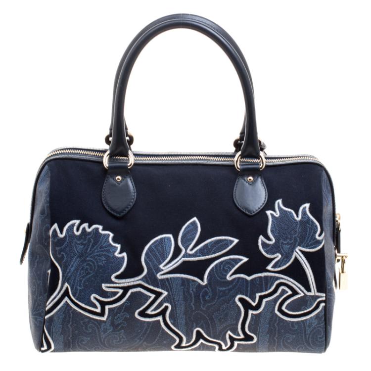 Pre Owned Etro Navy Blue Paisley Embroidered Coated Canvas Satchel