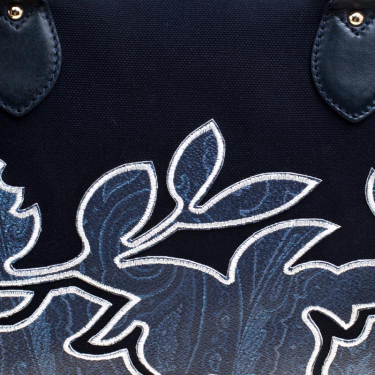 Pre Owned Etro Navy Blue Paisley Embroidered Coated Canvas Satchel
