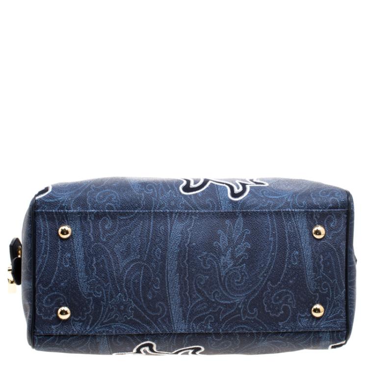 Pre Owned Etro Navy Blue Paisley Embroidered Coated Canvas Satchel