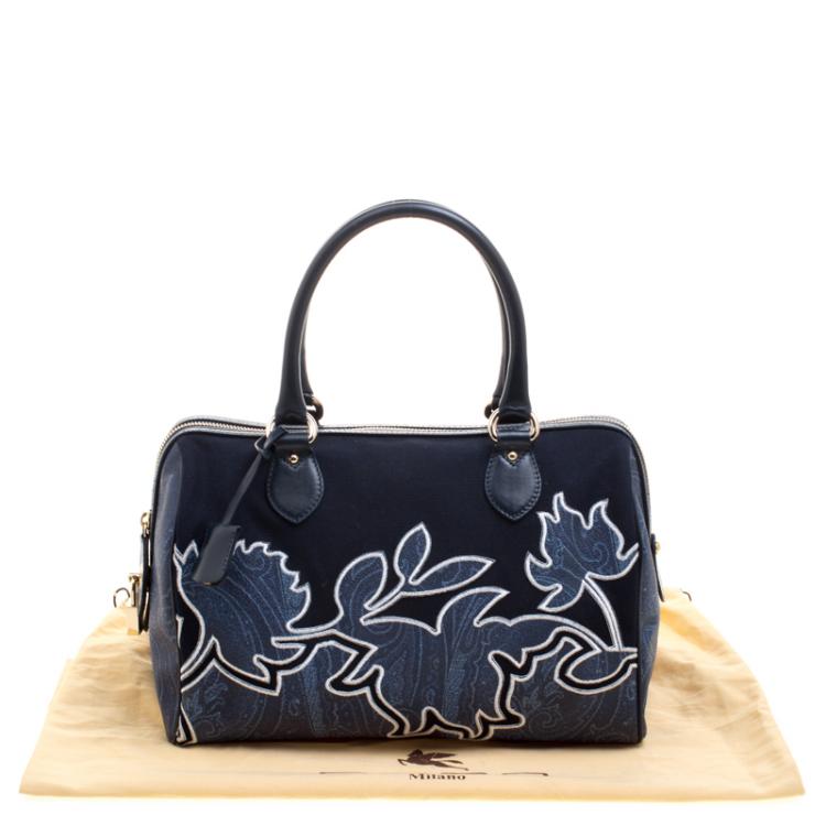 Pre Owned Etro Navy Blue Paisley Embroidered Coated Canvas Satchel