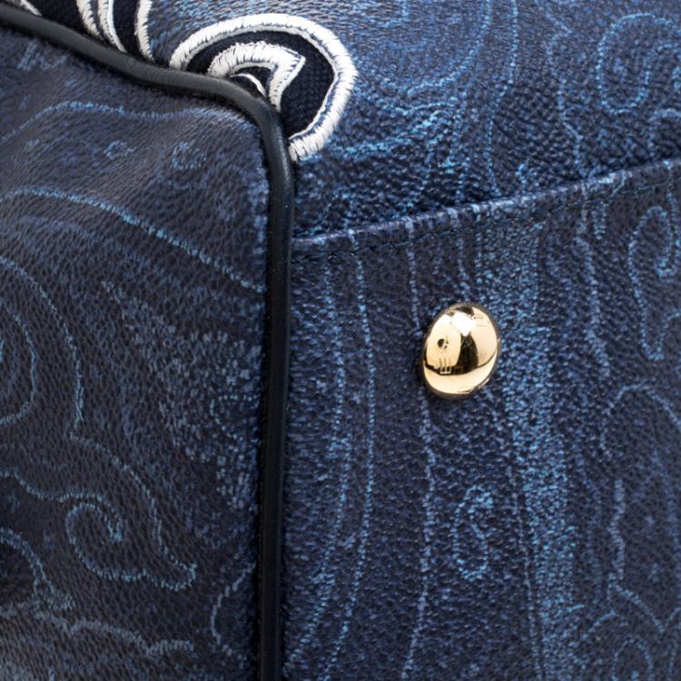 Pre Owned Etro Navy Blue Paisley Embroidered Coated Canvas Satchel