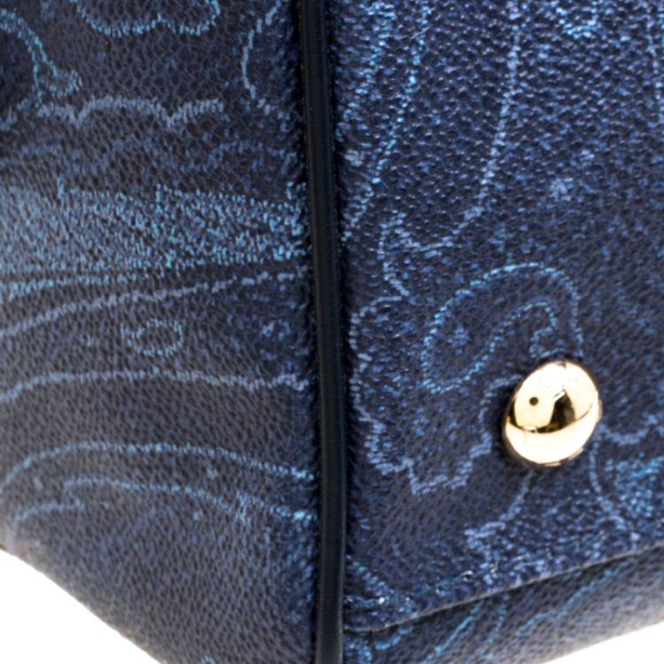 Pre Owned Etro Navy Blue Paisley Embroidered Coated Canvas Satchel