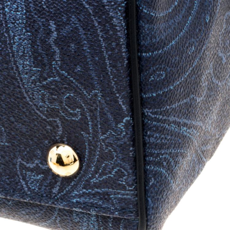 Pre Owned Etro Navy Blue Paisley Embroidered Coated Canvas Satchel