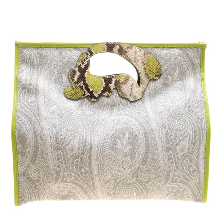 Pre Owned Etro Grey/Green Paisley Coated Canvas Python Embossed Detail Bag