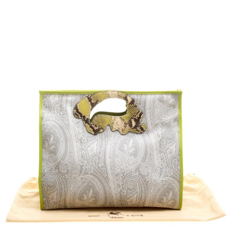 Pre Owned Etro Grey/Green Paisley Coated Canvas Python Embossed Detail Bag