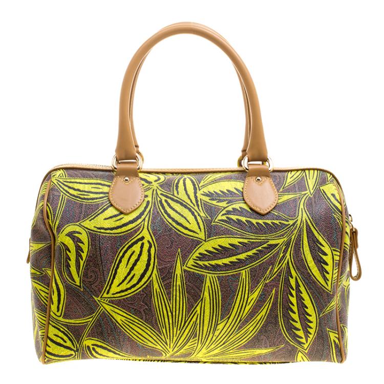 Pre Owned Etro Neon Green Paisley Printed Coated Canvas Satchel