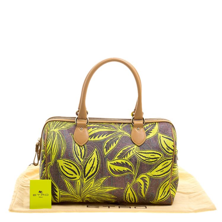 Pre Owned Etro Neon Green Paisley Printed Coated Canvas Satchel