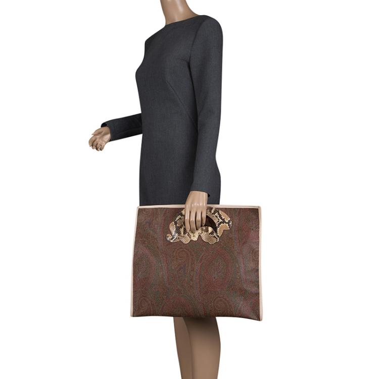 Pre Owned Etro Brown/Beige Paisley Coated Canvas Python Embossed Detail Bag