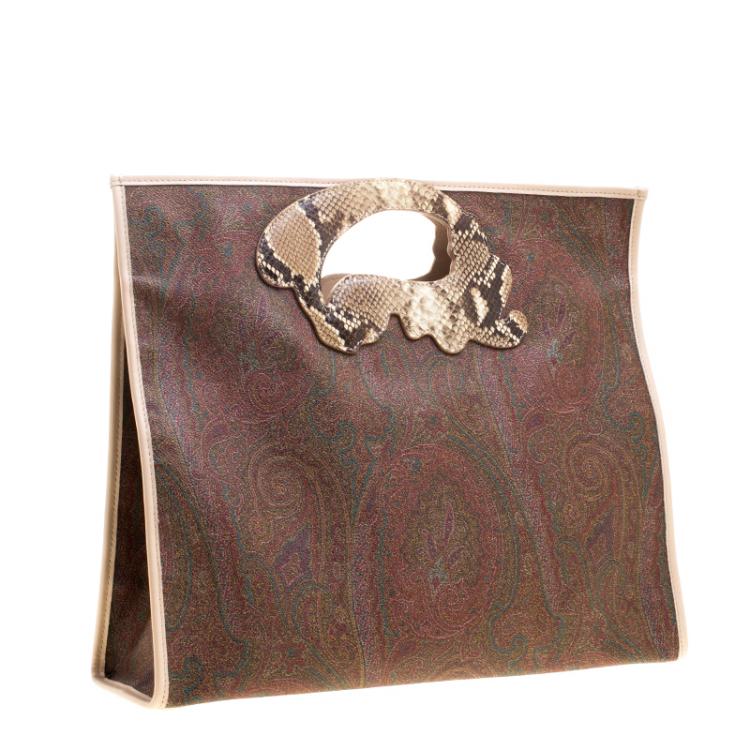 Pre Owned Etro Brown/Beige Paisley Coated Canvas Python Embossed Detail Bag