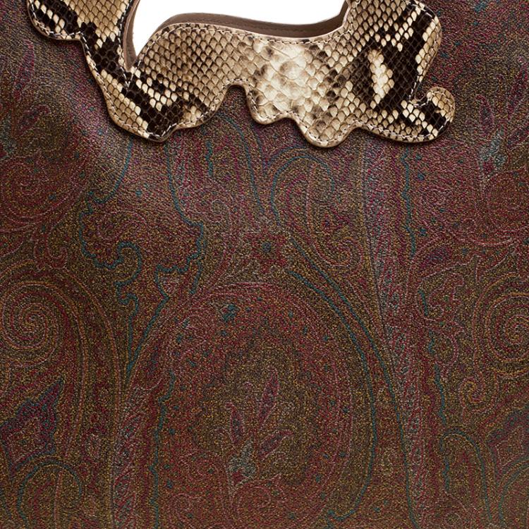 Pre Owned Etro Brown/Beige Paisley Coated Canvas Python Embossed Detail Bag